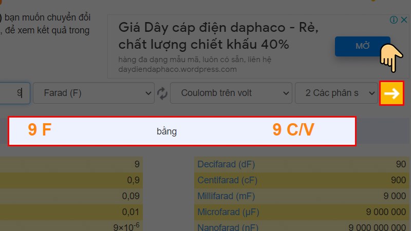 Cách tính đơn vị Farad bằng công cụ Convert World