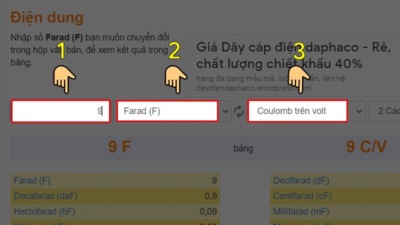 Cách tính đơn vị Farad bằng công cụ Convert World