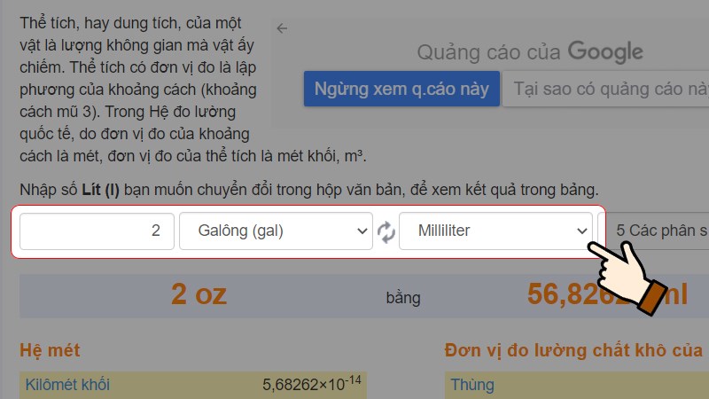Nhập số lượng muốn chuyển > Chọn đơn vị là Galông (gal) thuộc hệ đo lường chất lỏng Mỹ”><figcaption style=