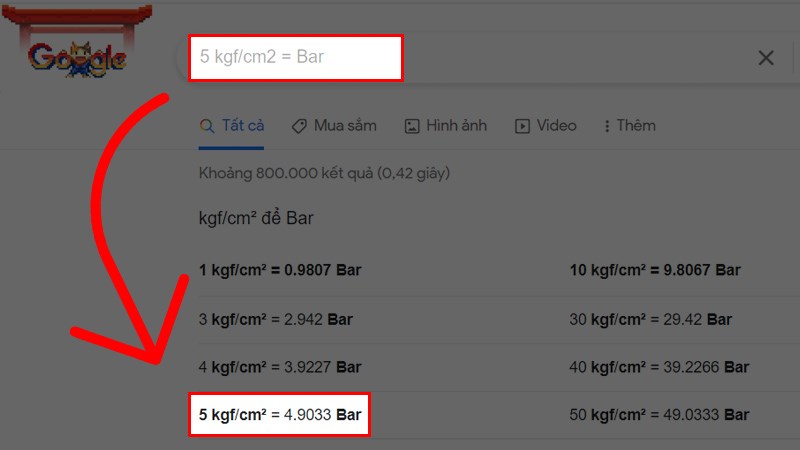 Cách tính đơn vị kgF/cm2 bằng công cụ Google