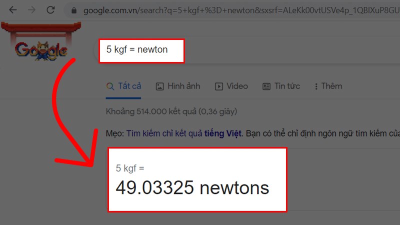 Cách tính đơn vị newton bằng công cụ Google
