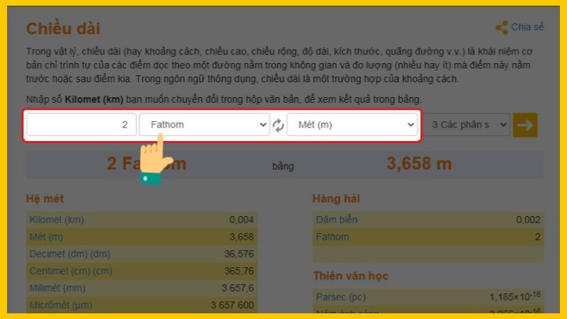Nhập số lượng muốn chuyển > Chọn đơn vị là Fathom