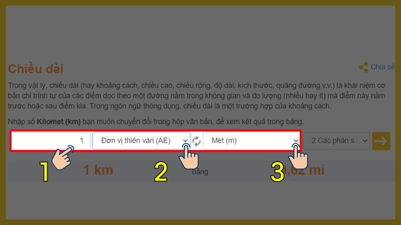 Nhập số lượng muốn chuyển > Chọn Đơn vị thiên văn