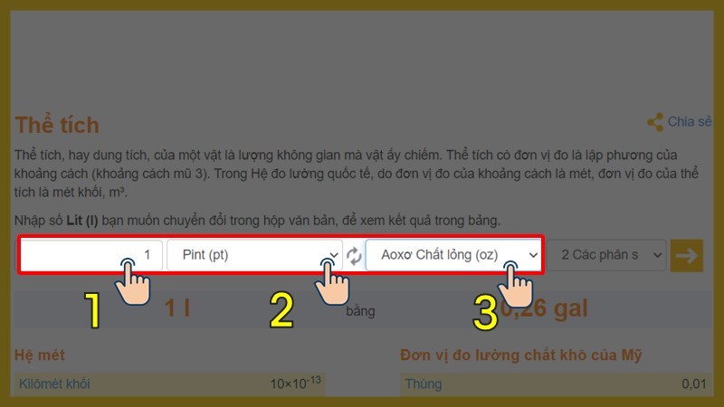 Nhập số lượng muốn chuyển đổi và chọn đơn vị