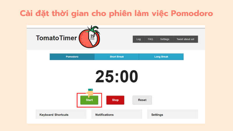 Cài đặt thời gian cho một phiên làm việc Pomodoro bằng Tomato Timer.