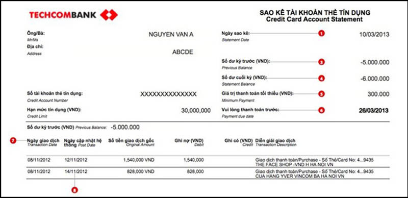 Mẫu giấy sao kê tài khoản của ngân hàng Techcombank