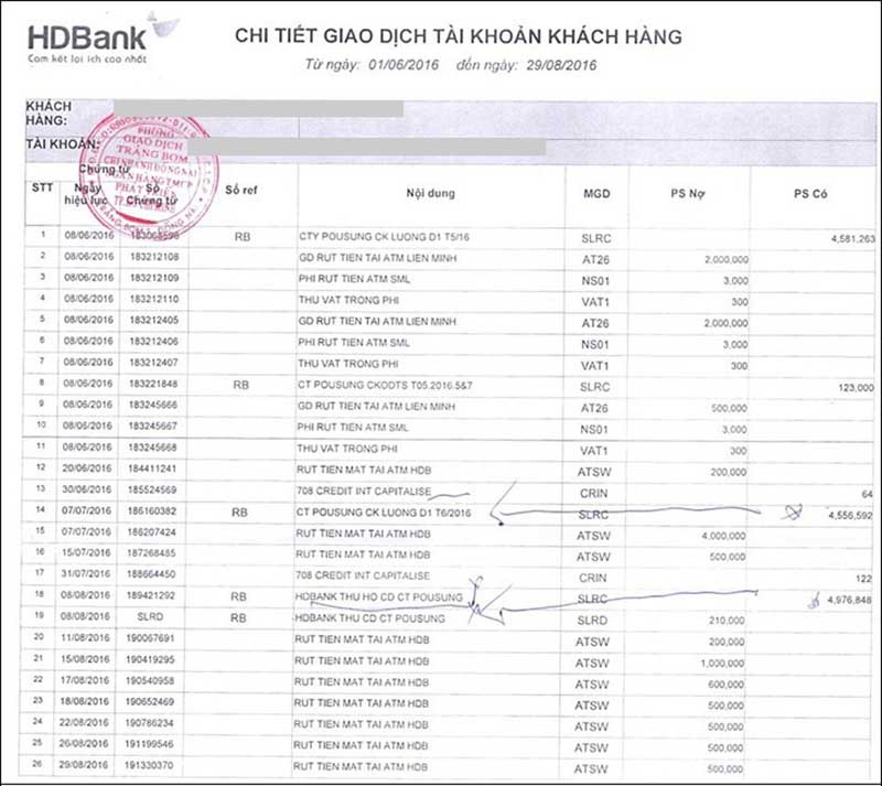 Sao kê trực tiếp bằng giấy của ngân hàng HDBank