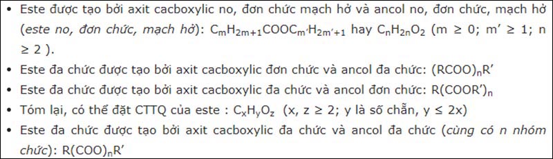 Công thức tổng quát của este