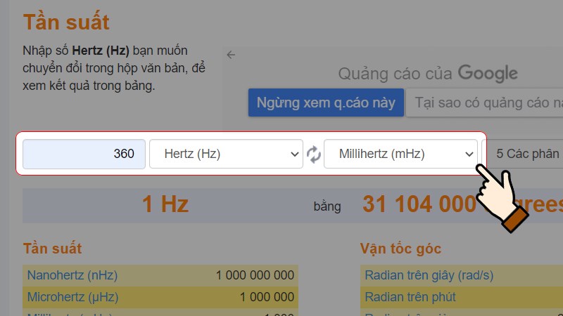 Nhập số lượng muốn chuyển > Chọn đơn vị là Hertz (Hz)