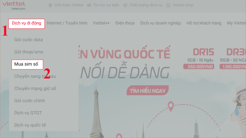 Chọn dịch vụ di động và chọn mua sim số