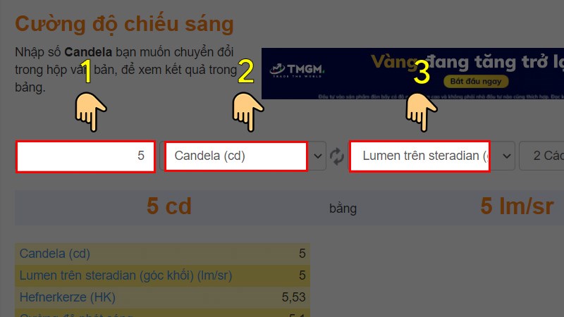 Cách tính đơn vị Candela bằng công cụ Convert World