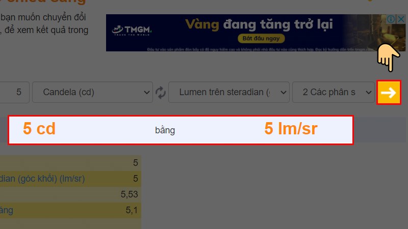Cách tính đơn vị Candela bằng công cụ Convert World