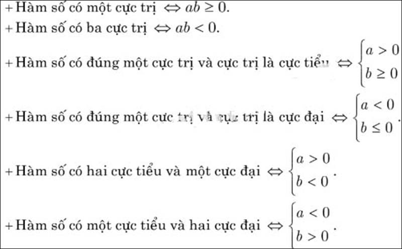Điều kiện cực trị của hàm bậc 4 trùng phương