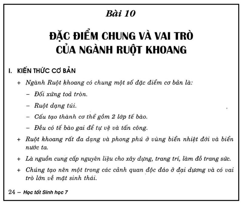 Tóm tắt đặc điểm chung và vai trò của ngành ruột khoang