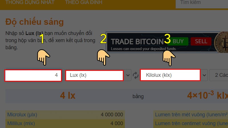 Cách tính đơn vị Lux bằng công cụ Convert World