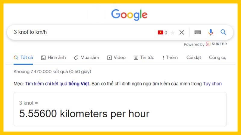 Dùng Google để đổi đơn vị knot