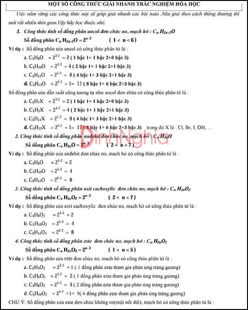 Một số công thức giải nhanh trắc nghiệm hóa học