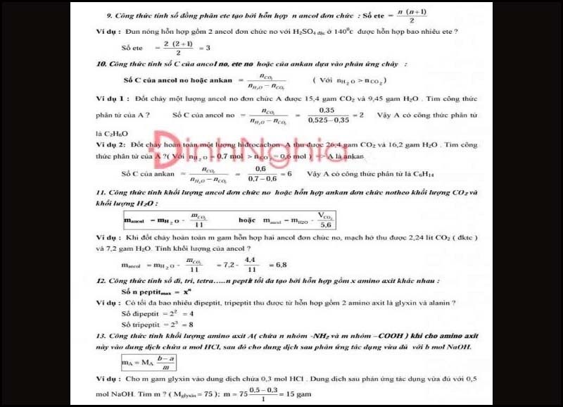 Một số công thức giải nhanh trắc nghiệm hóa học