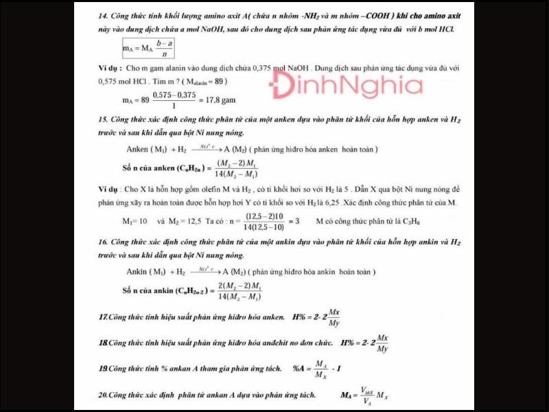 Một số công thức giải nhanh trắc nghiệm hóa học