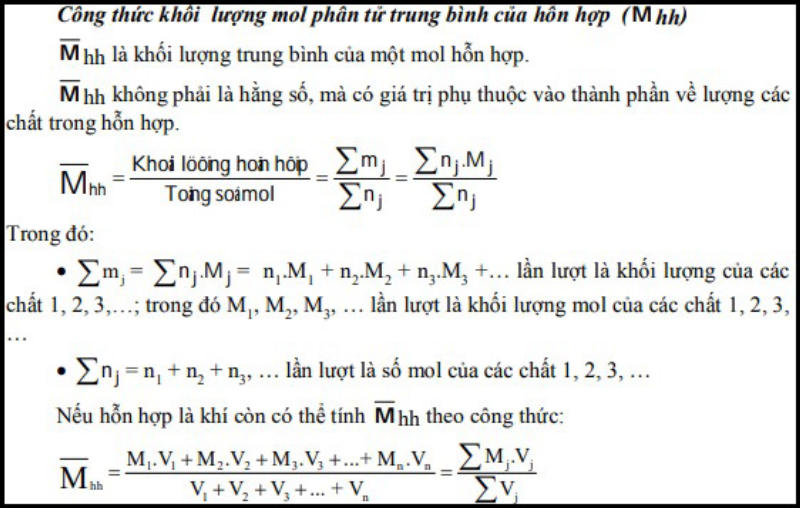 Công thức khối lượng mol phân tử trung bình của hỗn hợp