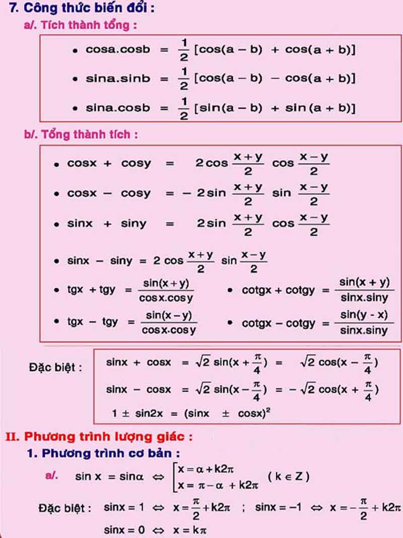 Tóm tắt công thức toán 12 phần Lượng giác