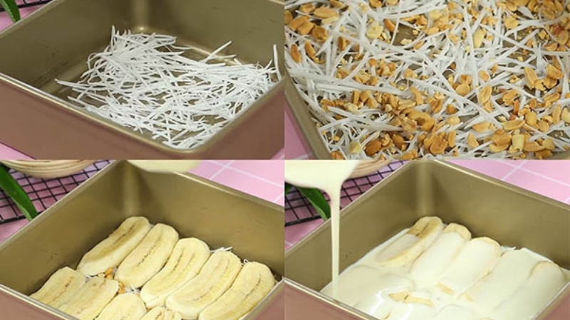 Đổ xen kẽ lớp nước cốt dừa, lớp chuối, lớp đậu phộng dừa sợi