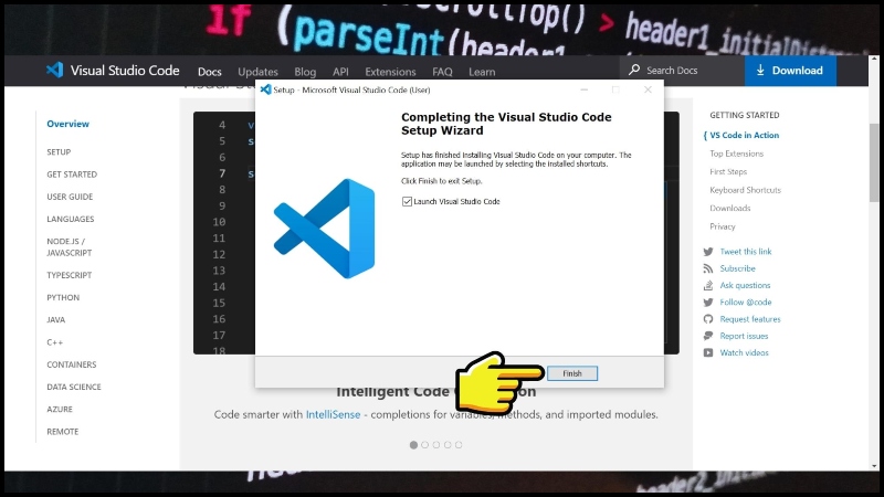 Nhấn Finish để kết thúc cài đặt Visual Studio Code