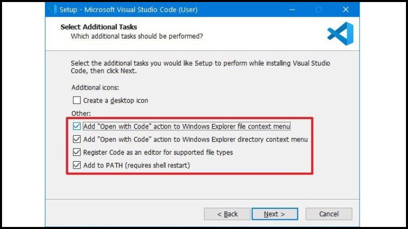 Tích chọn các tùy chọn khi tải visual studio code