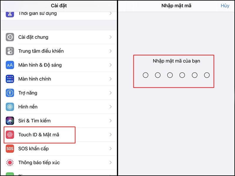 chọn touch id và mật mã rồi nhập mật khẩu màn hình khoá