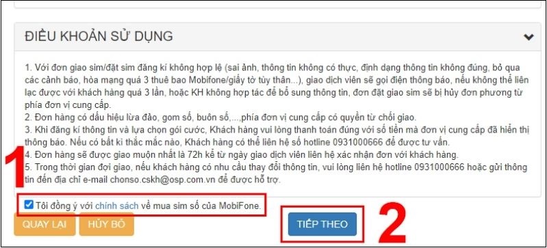 Đồng ý với chính sách mua sim số của MobiFone và nhấn tiếp theo