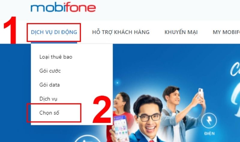 Tại mục "DỊCH VỤ DI ĐỘNG" nhấn chọn "Chọn số".