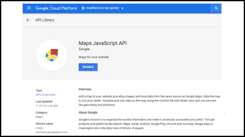 Bật Google Map API