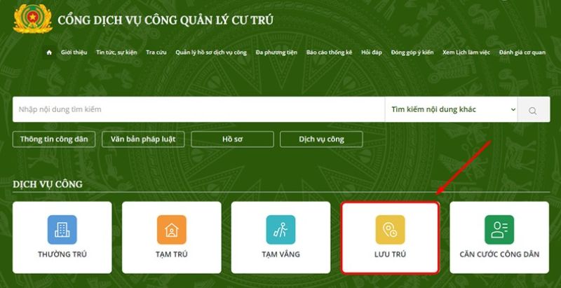 Tại trang chủ công dân ấn vào ô LƯU TRÚ Tại trang chủ công dân ấn vào ô LƯU TRÚ