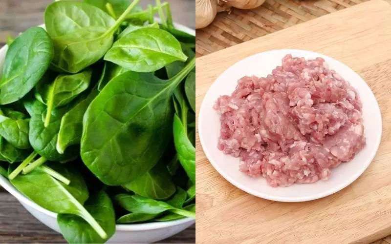 Nguyên liệu của món cháo thịt băm cải bó xôi và xoài
