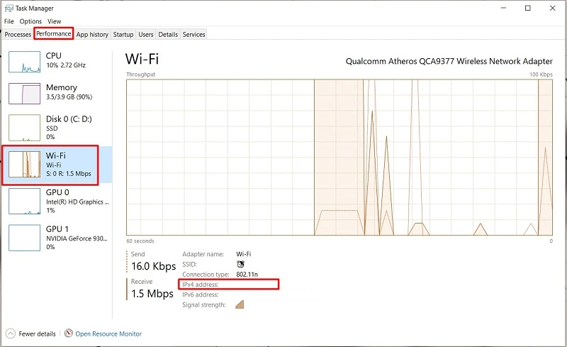 Tại Performance, nhấn chọn Wifi hoặc Ethernet (mạng dây)