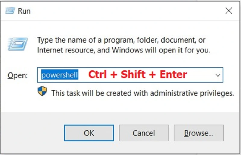 Nhấn tổ hợp phím Windows + R và nhập Powershell vào ô Open