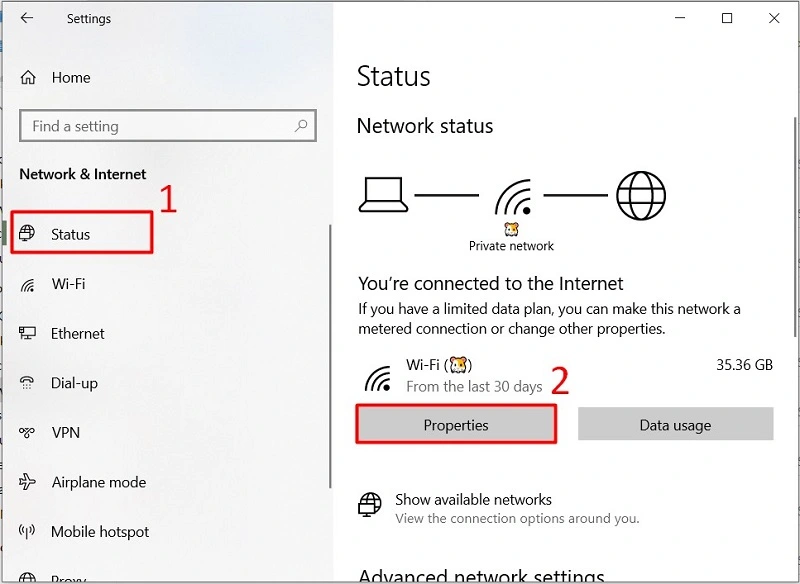 Chọn mục Status, nhấn chọn Change Connections Properties