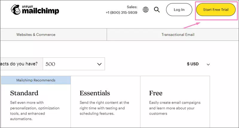 Truy cập website Mailchimp, chọn Start Free Trial