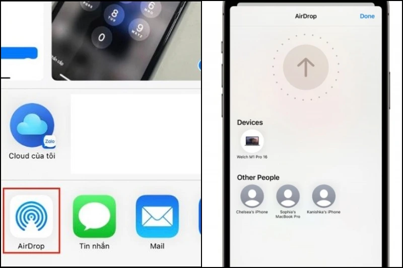 Chọn biểu tượng AirDrop >> chọn người nhận