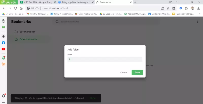 Bước 2: Tại thư mục other Bookmark, Click chuột phải > Chọn Add new folder > Đặt tên thư mục.