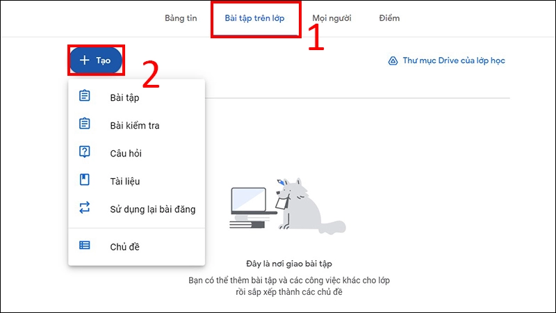 Tại mục Bài tập trên lớp, bạn nhấn Tạo để tạo bài tập mới