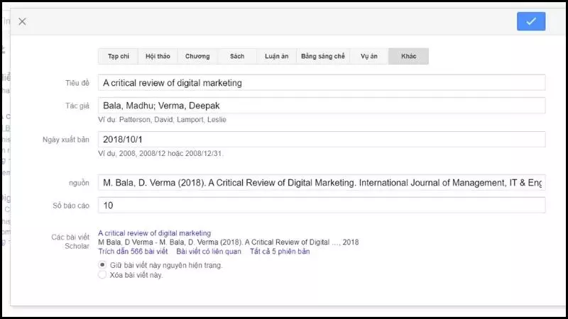 Google Scholar còn cung cấp cho người dùng khả năng chỉnh sửa mô tả