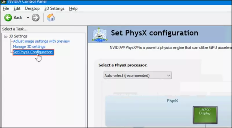 Ở mục 3D Settings bạn bấm chọn Set PhysX Configuration