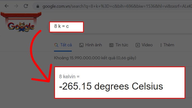 Cách đổi độ K sang độ C, độ F bằng công cụ Google