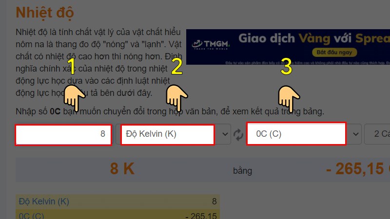 Cách đổi độ K sang độ C, độ F bằng công cụ Convert World