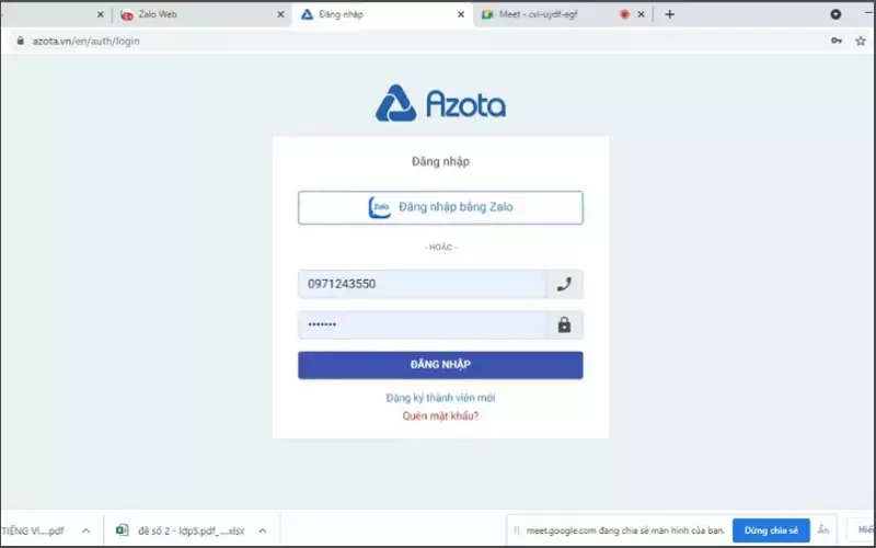 Azota cho phép người dùng sử dụng ứng dụng thông qua việc đồng bộ với Zalo