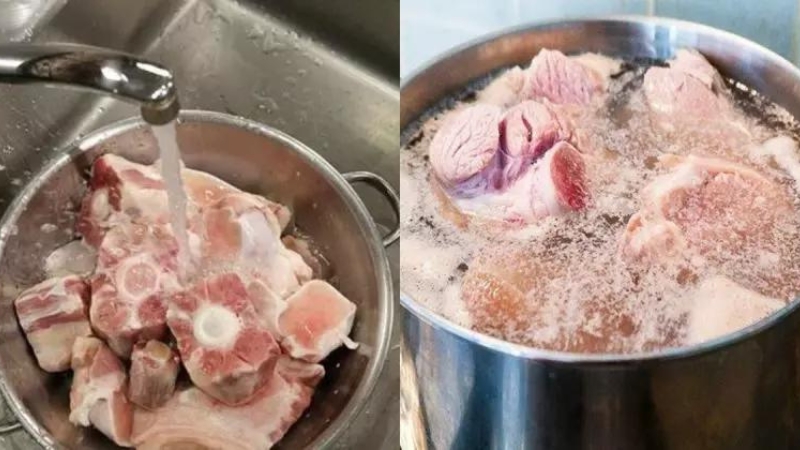 Chần xương heo qua nước sôi