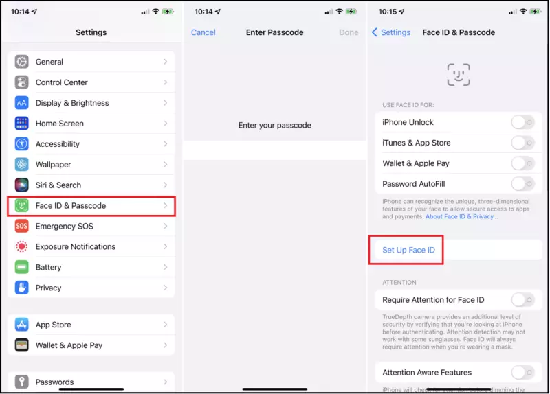 Mở Settings > Chọn Face ID & Passcode