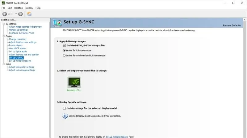 Tìm và nhấn chọn mục thiết lập G-SYNC, sau đó nhấn bỏ chọn Enable G-SYNC để tắt công cụ này