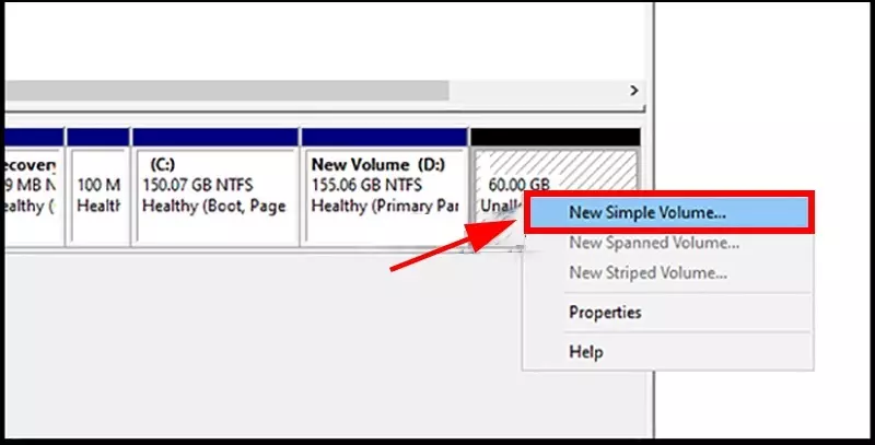 Click chuột phải vào phân vùng vừa được cắt > Chọn New Simple Volume